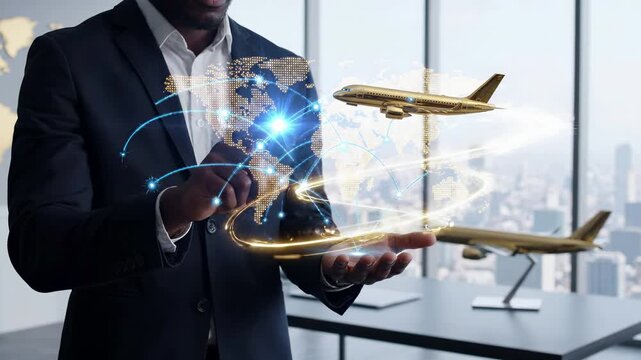 Businessman in a suit presents a global aviation network with airplane and world map. International travel, flight routes, and transportation connect worldwide destinations for modern business