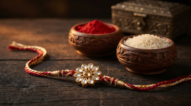 A traditional Rakhi with kumkum and rice bowls on a rustic wooden surface, symbolizing the Indian festival of Raksha Bandhan.