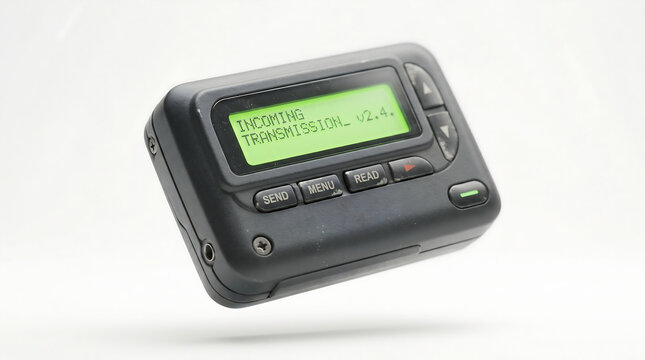 Vintage black digital pager device with green backlit display screen