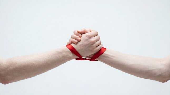 Strong male hands clasped together tied with red ribbon against white background for restricted partnership and binding contract concept