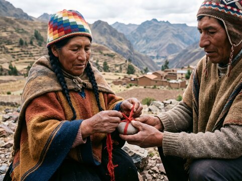 Authentic indigenous Andean elders performing traditional ritual with red yarn and stone in mountain village for cultural heritage concept
