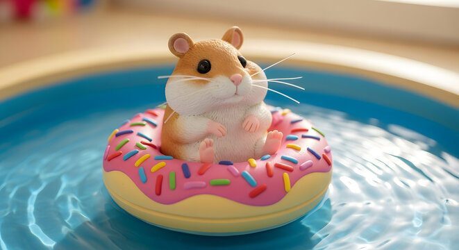 Cute toy hamster relaxing on a colorful donut float in a swimming pool.