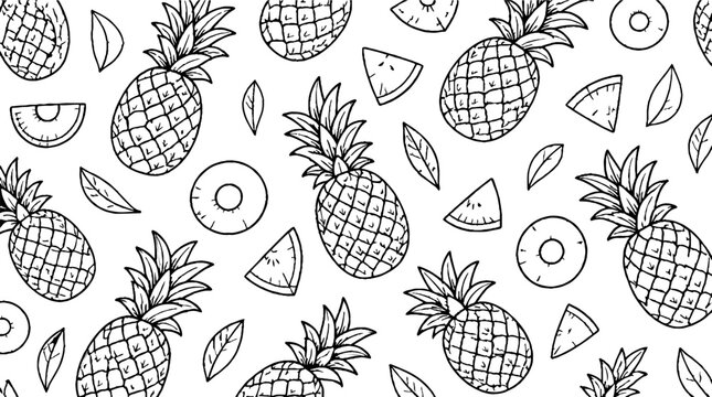 Tropical Pineapple and Citrus Fruit Line Art Pattern.