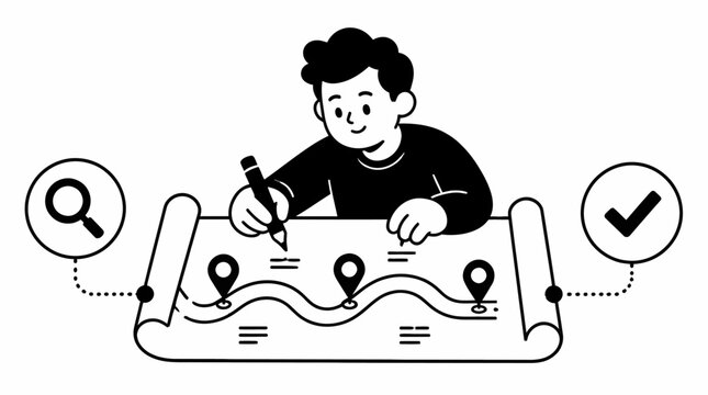 Cartographer analyzing detailed map with location pins and tools.
