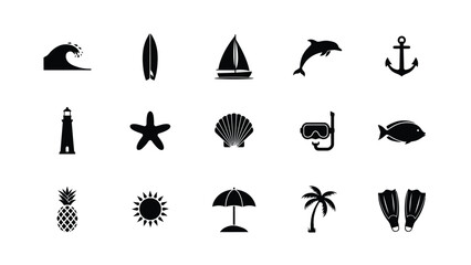 Marine and nautical icons set featuring sailboats lighthouse diving gear and sea animals. © Mausumi