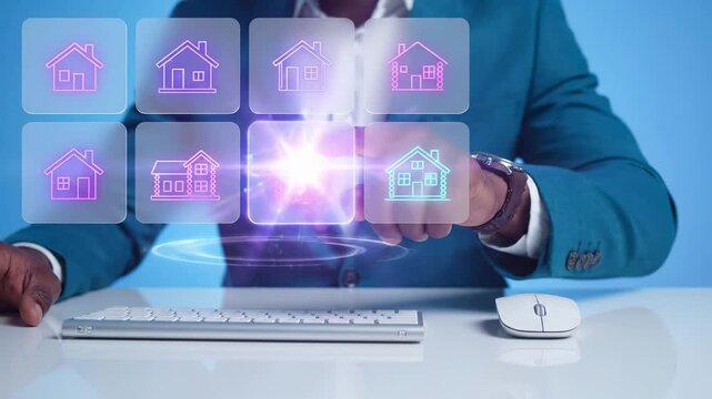 Real estate property selection on a digital interface. Businessman chooses a home from multiple house options for buying, selling, or renting. Online mortgage investment and search technology