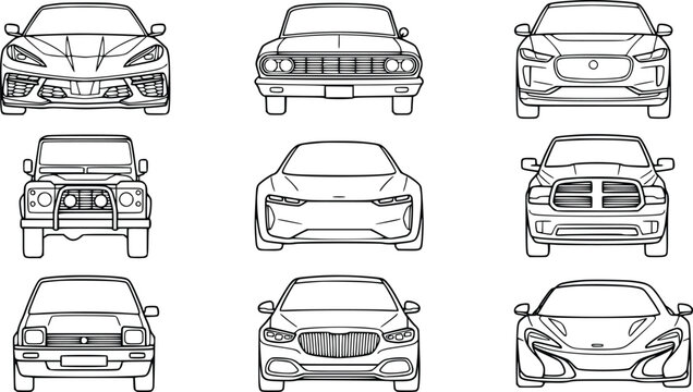 Koleksi 9 Outline Mobil Modern dan Klasik Tampak Depan dalam Gaya Line Art Vektor