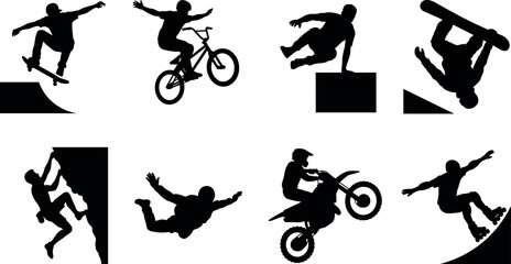 Naklejka premium Extreme Sports Silhouette Collection Featuring Skateboarding, BMX, Snowboarding, Climbing and Skydiving