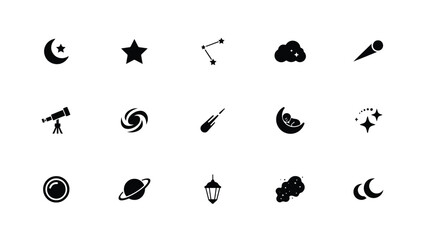 Set of fifteen celestial and space themed icons featuring stars moon and planetary objects. © Mausumi
