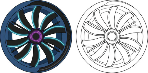 Futuristic fan turbine illustration mechanical engineering concept vector graphic for technology and industry projects © Naveed
