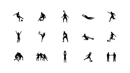Obraz premium Football player action poses silhouette collection, soccer players kicking and running.