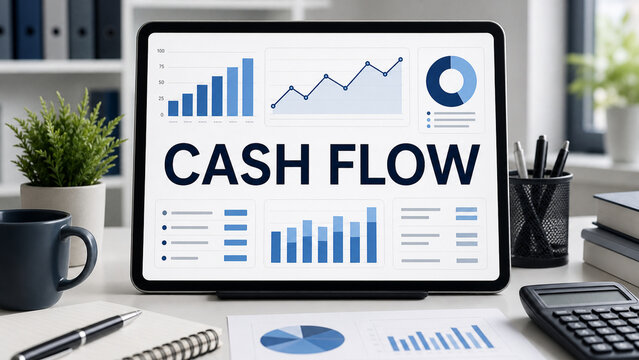 Modern tablet displaying cash flow analytics with charts and graphs on an office desk with calculator, notebook, plant, and coffee mug.