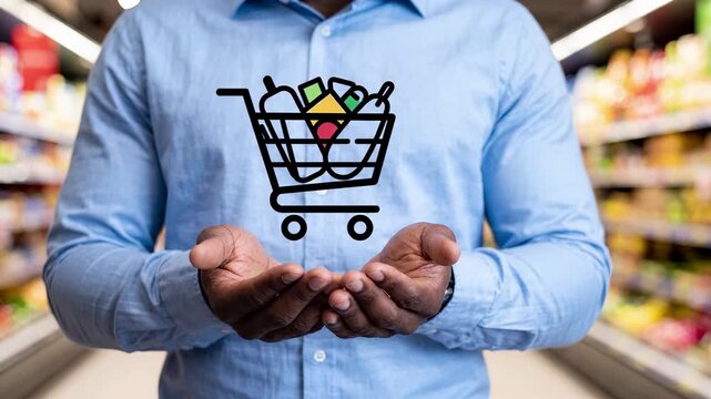 Person in a shirt holds a glowing grocery cart full of fresh food above open palms inside a supermarket. Retail store concept of shopping, consumer purchase, online commerce, and convenient delivery