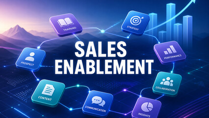 Naklejka premium Futuristic sales enablement concept with connected strategy, training, content, performance, collaboration, and analytics icons.
