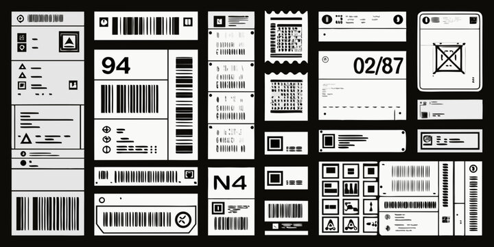 Shipping label elements collection monochromatic vector illustration with barcodes and warning symbols barcode labels packaging
