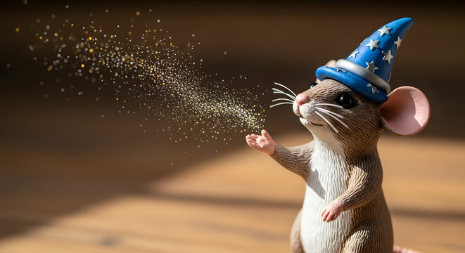 Cute mouse wizard casting a spell with magic dust.