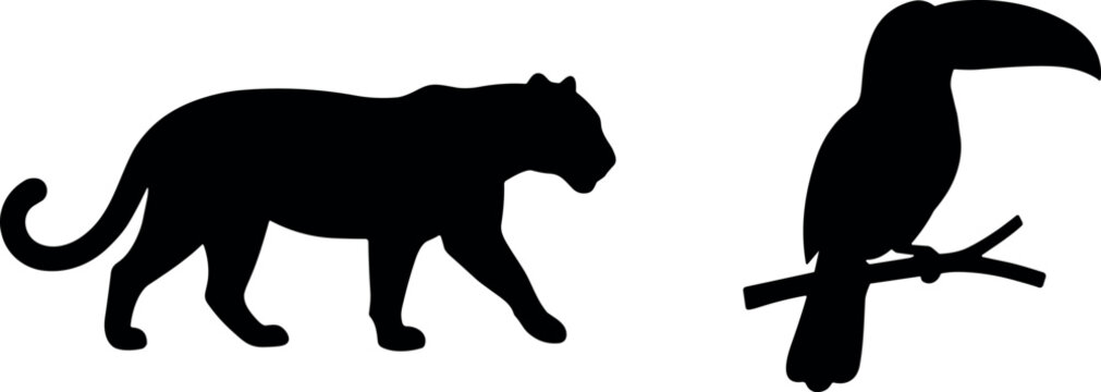 Tropical rainforest animals silhouette vector set featuring wild jaguar walking and toucan bird perched on branch