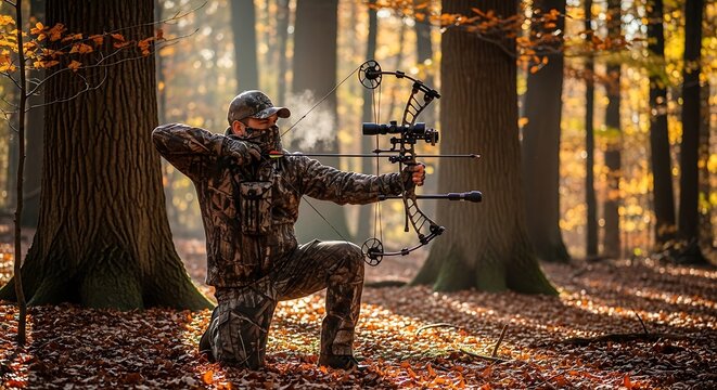 Hunter aiming a compound bow in the autumn forest wearing camouflage clothing during a cold morning with golden sunlight