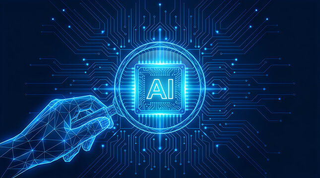Futuristic AI technology, artificial intelligence concept, blue circuit board design, innovative digital interface