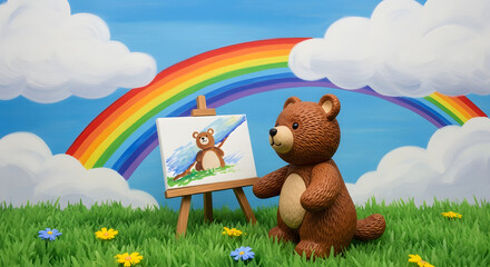 Fototapeta premium Teddy Bear Artist Painting a Rainbow Scene in a Meadow.