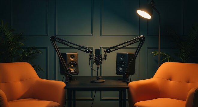 Professional podcasting setup with microphones studio monitors and comfortable seating in a modern interior