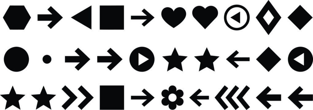 Set basic geometric shapes and arrow icons black silhouette vector graphic element isolated on white background