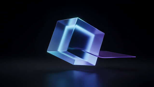 Abstract geometric shape a translucent cube with a rectangular extension rendered in a dark blue setting rendering