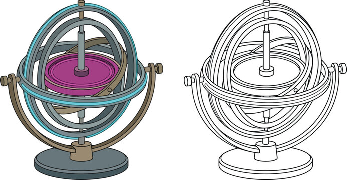 Gimbal device with multiple rings and a central disk scientific instrument for demonstrating gyroscopic stability isolated on white background