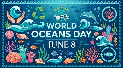 World Oceans Day June 8 colorful ocean banner, Oceans Day June 8 underwater colorful poster art, World Ocean Day June 8 colorful banner design art