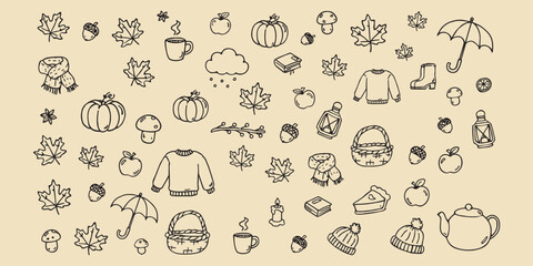 Obraz premium Autumn doodle elements vector set with leaves, pumpkins, mushrooms and cozy seasonal icons