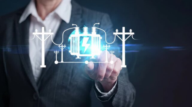 Electricity power transmission and distribution network. Transformer station connected to electrical lines for energy supply. Business technology and smart grid infrastructure for industrial utility