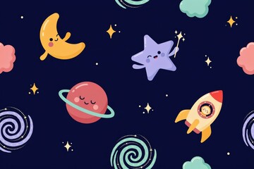 Naklejka premium Seamless pattern featuring cute cartoon space like a smiling crescent moon, a happy star with a wand, a planet, and a small rocket ship