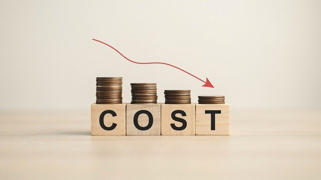 The cost is decreasing as coins stack lower on wooden blocks.