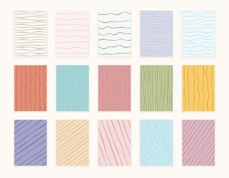 Rectangular cards featuring minimalist hand-drawn seamless patterns with horizontal, vertical, and diagonal wavy lines