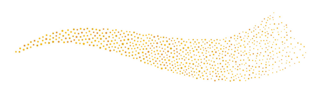 Abstract decorative wave made of scattered golden stars in different sizes forming a flowing particle pattern