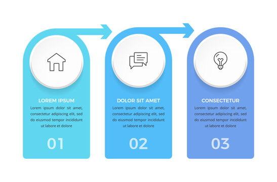Three vertical banners with rounded tops and numbered sequence forming a horizontal process flow infographic template