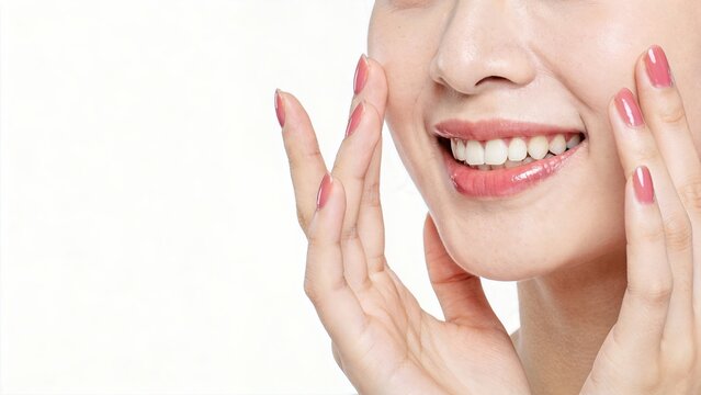 Close up of happy woman touching her face with manicured hands, skincare and beauty treatment concept showing healthy glowing skin and facial massage for cosmetic product promotion