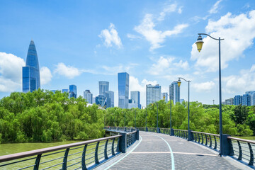 City park landscape in Shenzhen with high-rise office buildings business district © tao