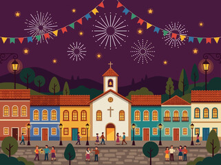 Fototapeta premium Festive Night Celebration in a Traditional Town Square with Fireworks and Colorful Buildings