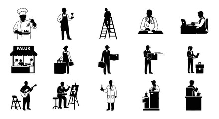 Obraz premium Diverse Collection Of Professional People Silhouettes Illustrating Various Occupations And Activities For Business And Lifestyle Concepts