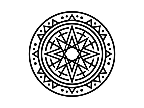 Minimalist black geometric mandala with eight-pointed star and tribal patterns.