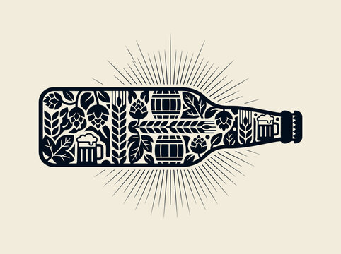 Minimalist Craft Beer Bottle Silhouette Vector with Hops, Wheat, and Barrels for Brewery Branding