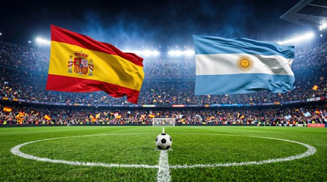 Spain and argentina flags waving over a soccer stadium field with a ball at center