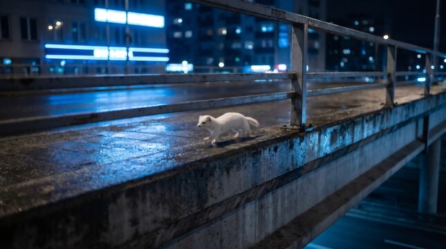 Small white ermine running along wet concrete bridge railing at night, urban wildlife and adaptation concept