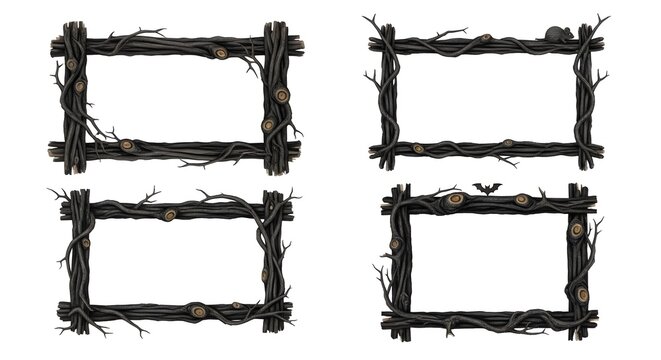 Set of four rectangular frames made of dark gnarled tree branches and twigs