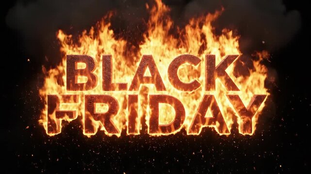 Burning Black Friday text engulfed in orange flames and smoke. Intense inferno animation for retail sale promotion. Fiery typography design for marketing campaign.