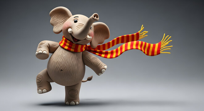 Cute cartoon elephant with a scarf dancing on ice.