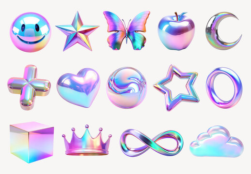 Colorful Iridescent 3D Shapes Element Design Set