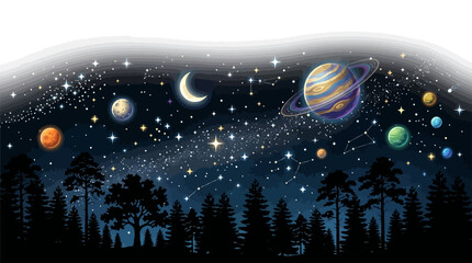 Fototapeta premium Night sky with planets stars and moon above forest landscape