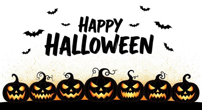 Happy halloween banner with scary pumpkins and bats isolated on white background